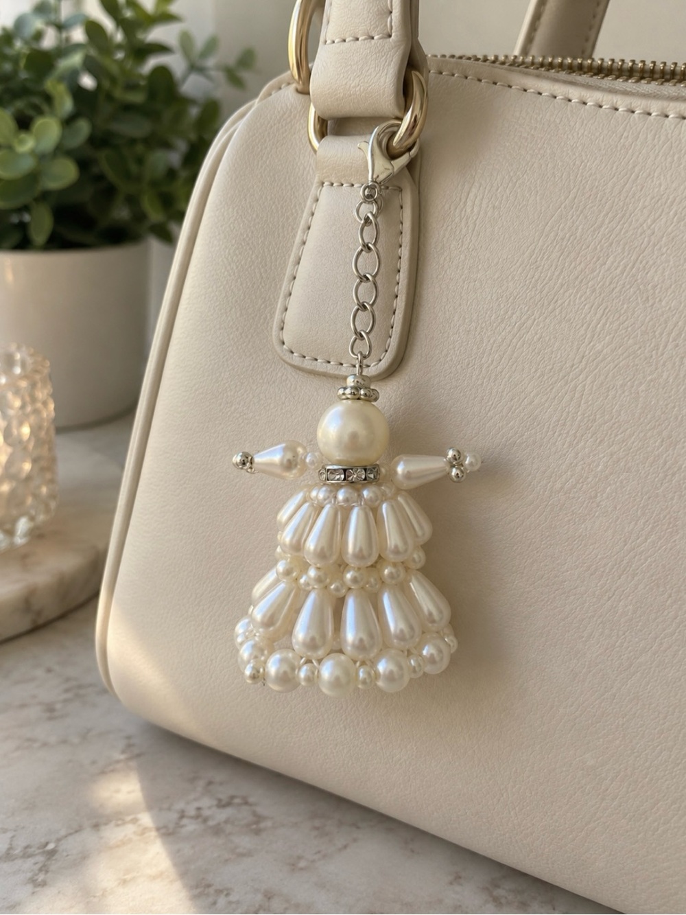 Artisan Keychain Doll Purse Charm 3.25” Handcrafted Ivory Pearl Beaded NEW